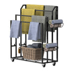 Multi-Level Rolling Towel Drying Rack with Side Storage Baskets - Freestanding Blanket Holder & Bathroom Organizer with Bottom Shelf, Black