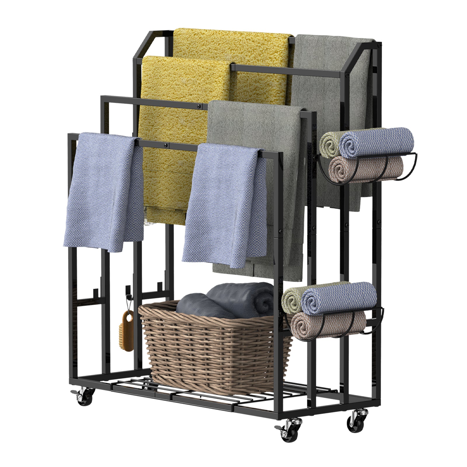 Multi-Level Rolling Towel Drying Rack with Side Storage Baskets - Freestanding Blanket Holder & Bathroom Organizer with Bottom Shelf, Black