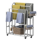 Multi-Level Rolling Towel Drying Rack with Side Storage Baskets - Freestanding Blanket Holder & Bathroom Organizer with Bottom Shelf, Black