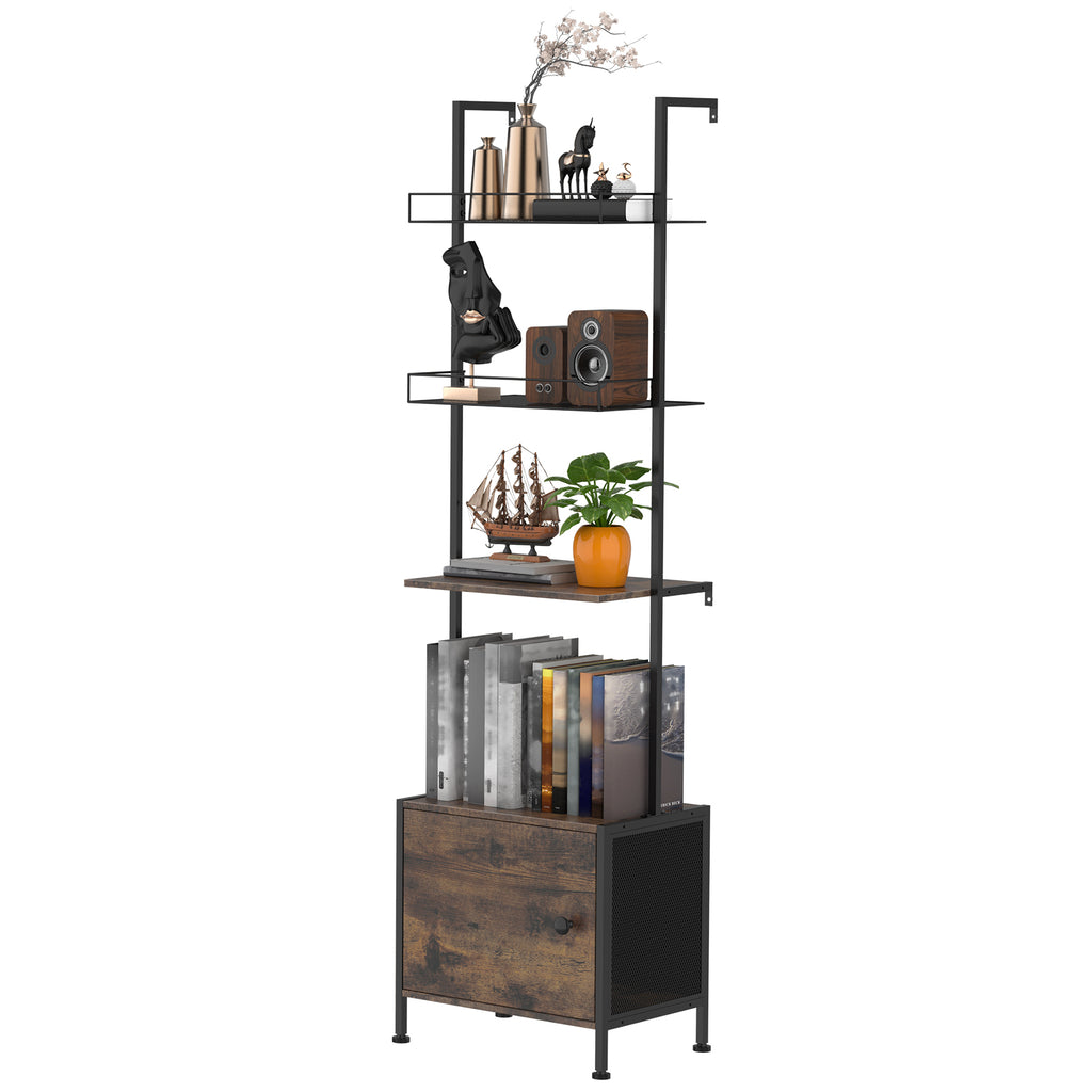 4-Tier Industrial Ladder Shelf with Bottom Storage Cabinet - Wall-Mounted Bookshelf & Display Rack with Metal Frame for Living Room & Office