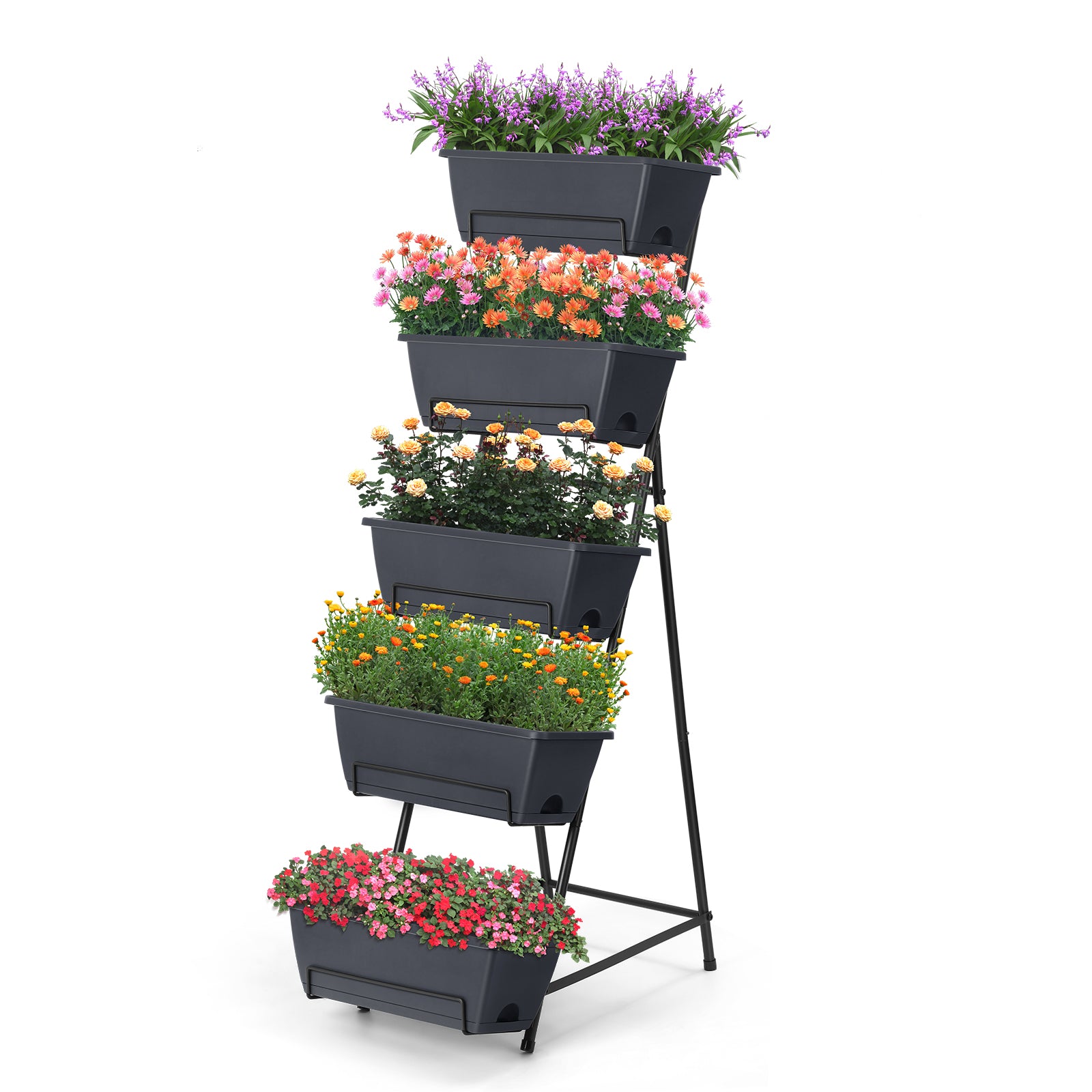 5-Tier Vertical Raised Garden Bed with Drainage - Elevated Planter Boxes for Flowers & Herbs, Space-Saving Outdoor/Indoor Standing Garden, Black