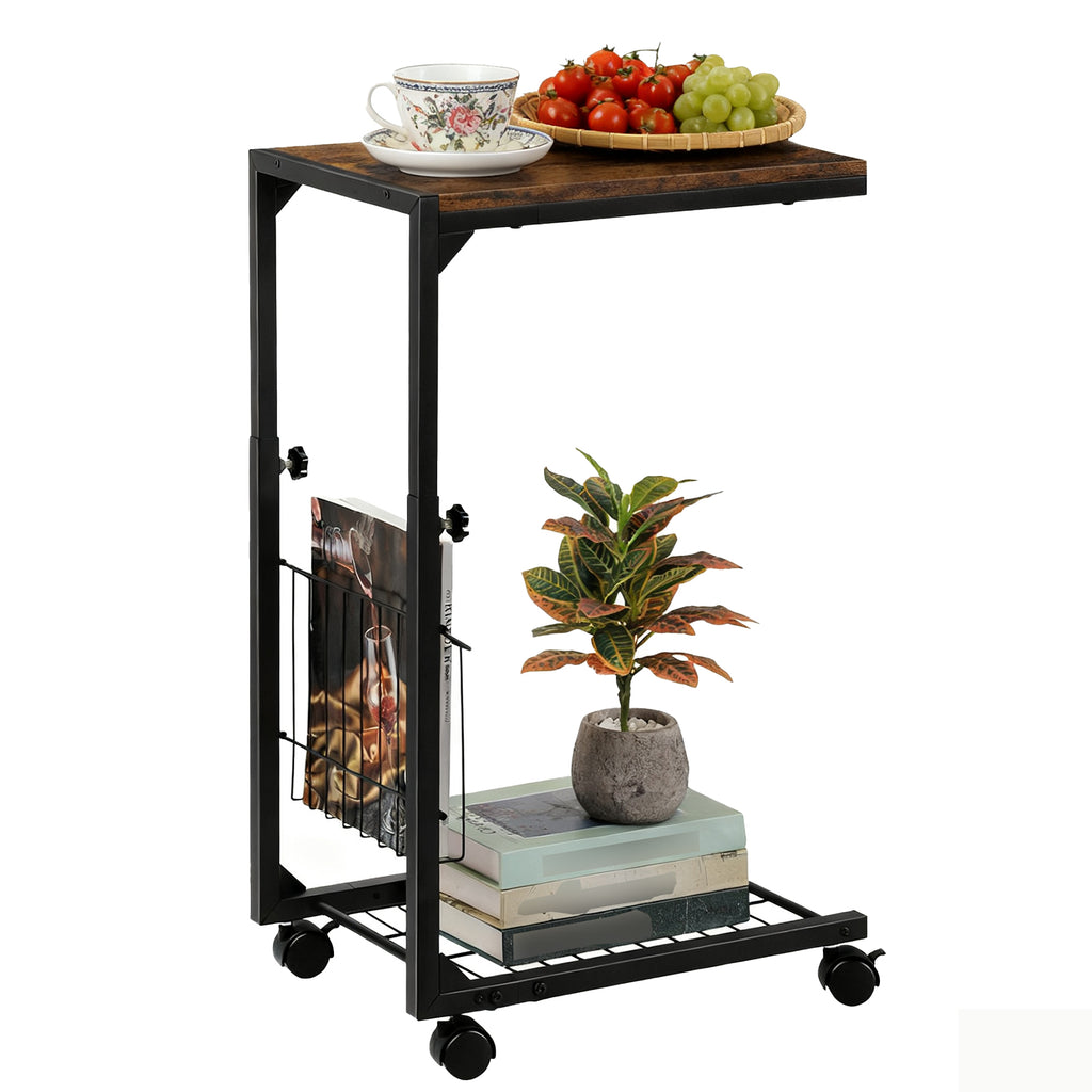 C Shaped Side Table with Wheels - Adjustable Height Couch End Table for Laptop/Snacks