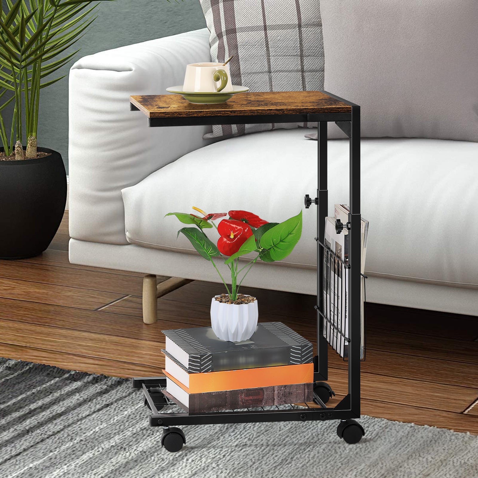 C Shaped Side Table with Wheels - Adjustable Height Couch End Table for Laptop/Snacks