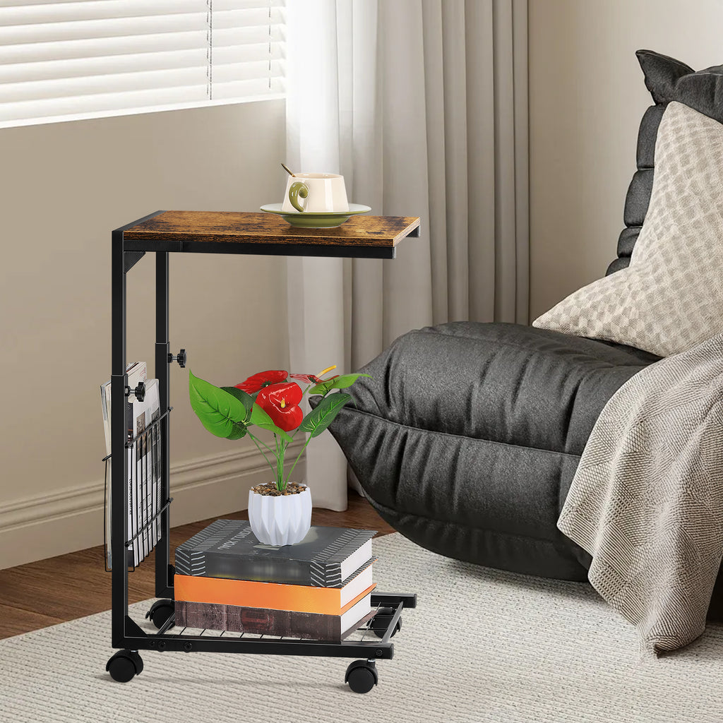 C Shaped Side Table with Wheels - Adjustable Height Couch End Table for Laptop/Snacks