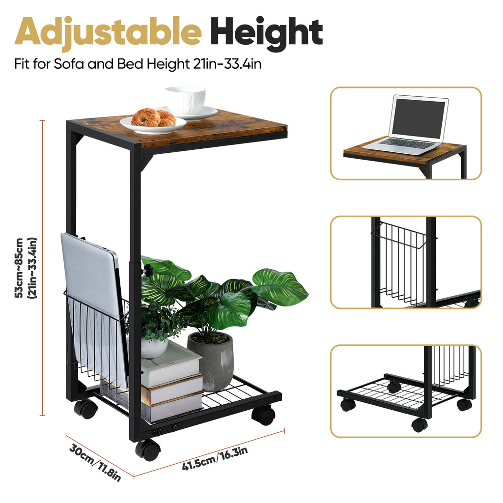 C Shaped Side Table with Wheels - Adjustable Height Couch End Table for Laptop/Snacks