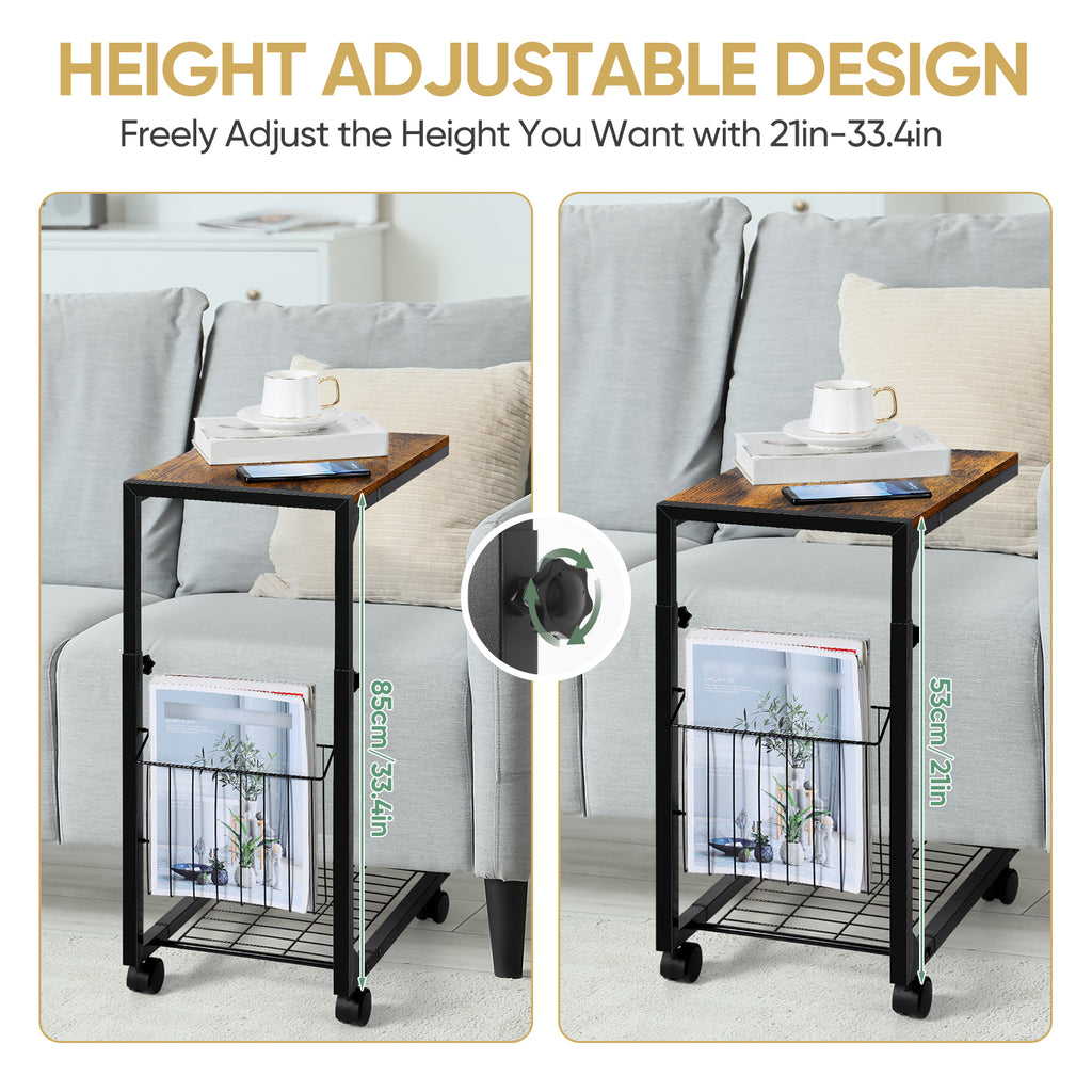 C Shaped Side Table with Wheels - Adjustable Height Couch End Table for Laptop/Snacks