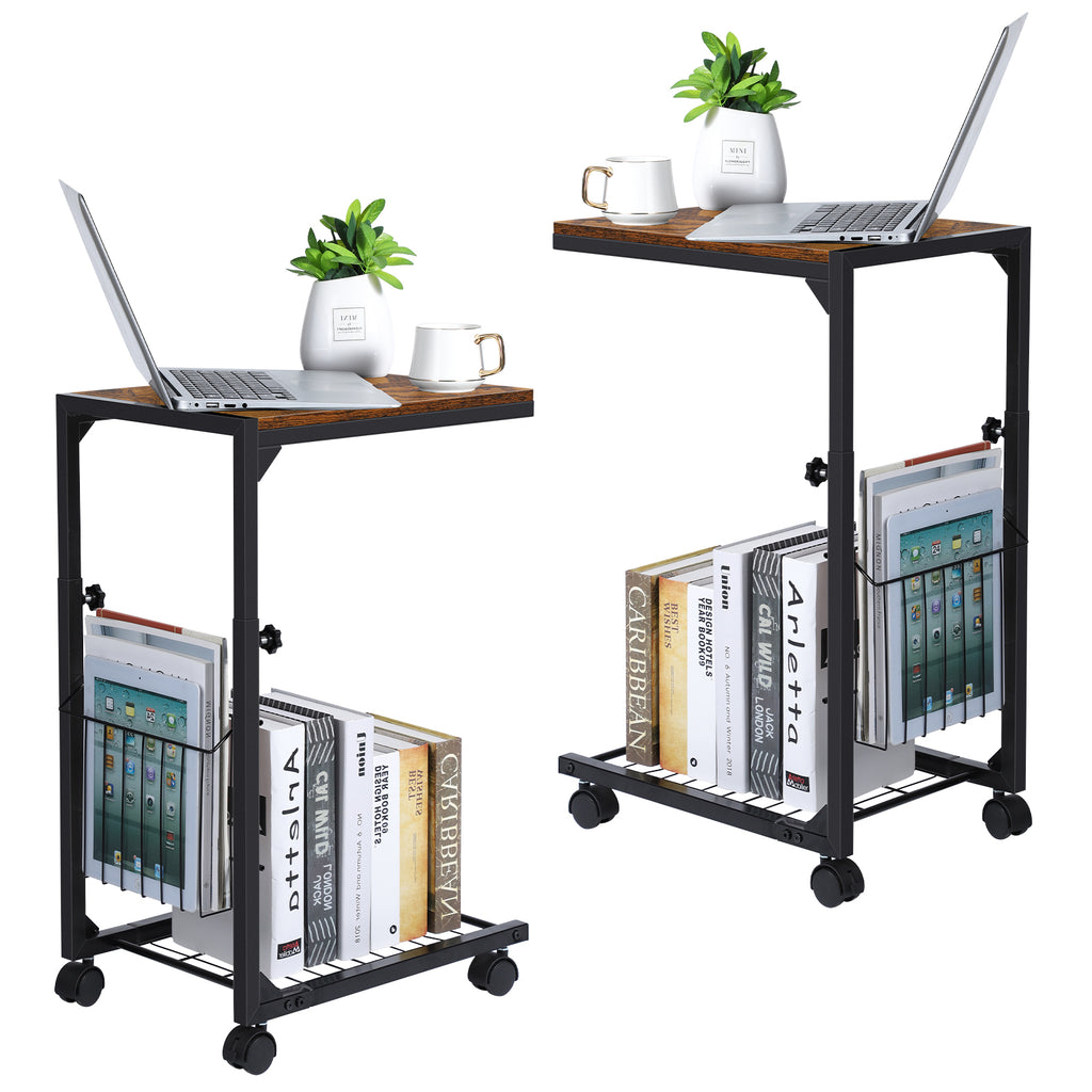 C Shaped Side Table with Wheels - Adjustable Height Couch End Table for Laptop/Snacks