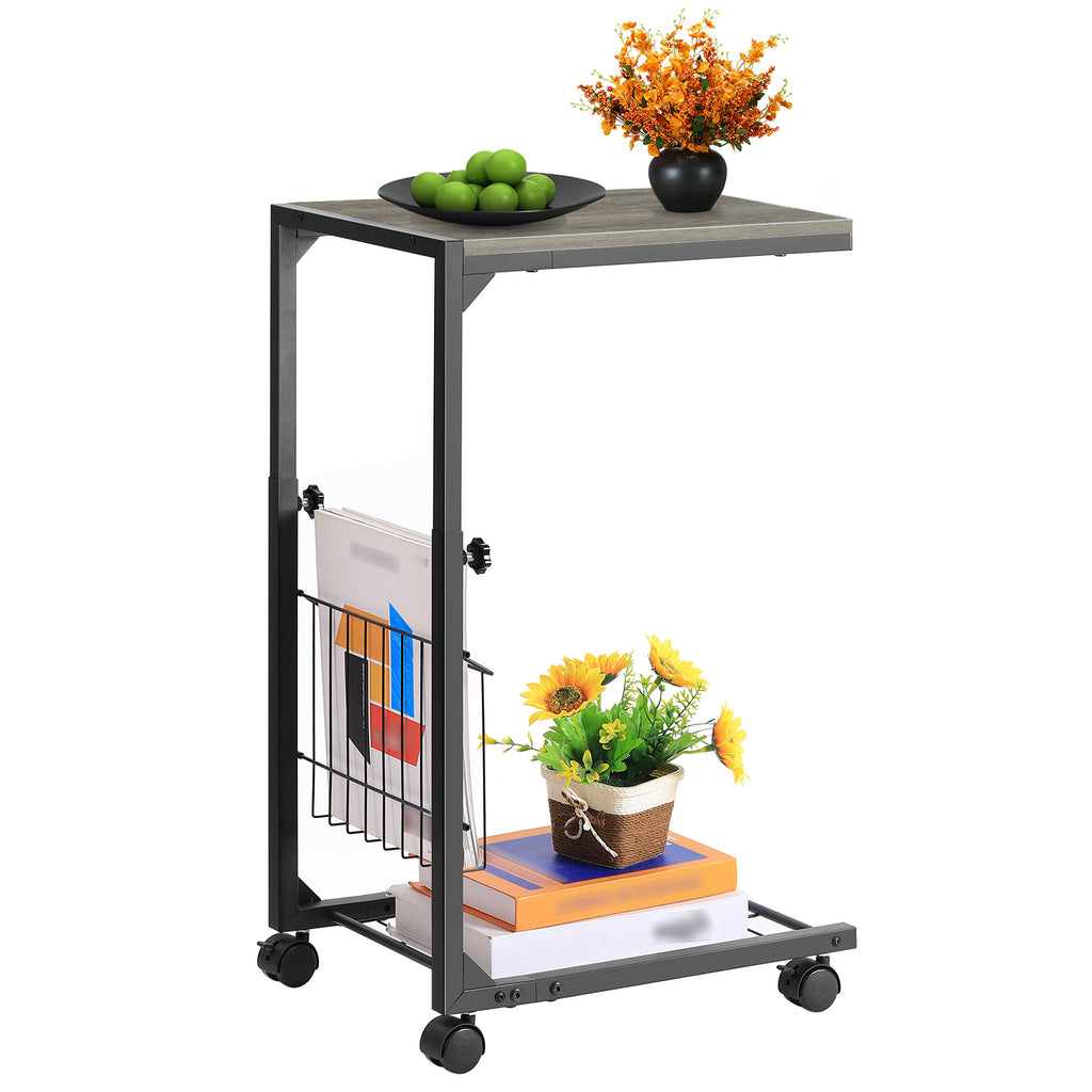 C Shaped Side Table with Wheels - Adjustable Height Couch End Table for Laptop/Snacks