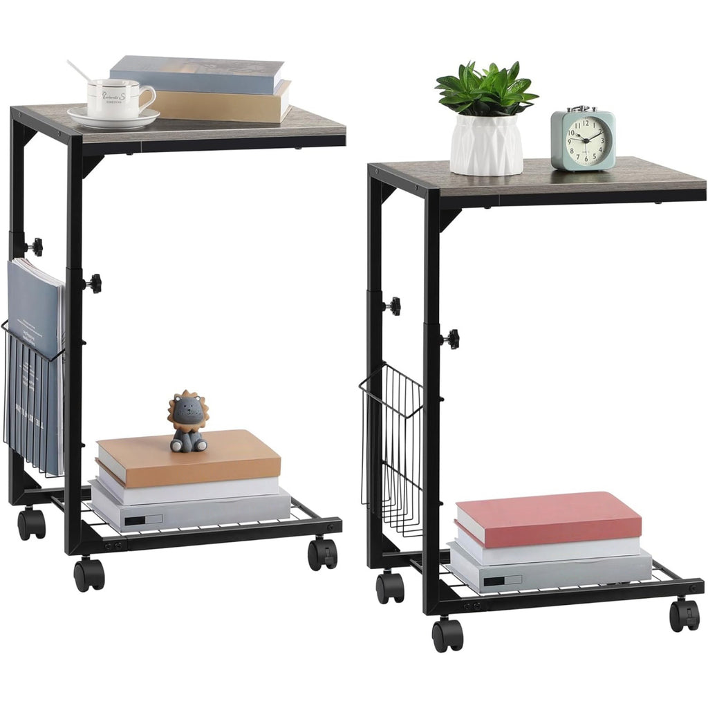 C Shaped Side Table with Wheels - Adjustable Height Couch End Table for Laptop/Snacks