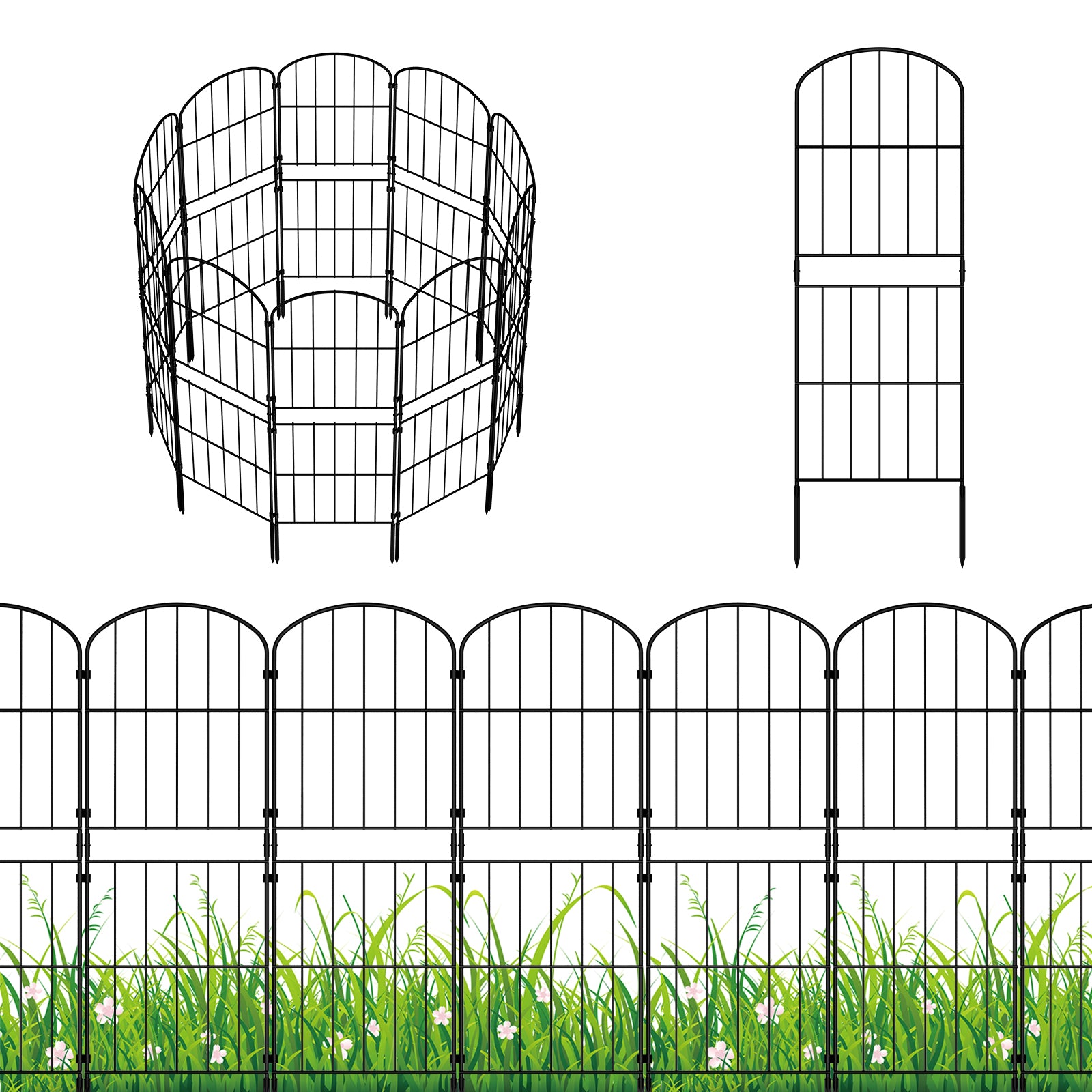 38" (H) x 10ft (L) Tall Decorative Garden Fence - 10-Panel Rustproof Metal Border Animal Barrier for Dogs, Heavy-Duty No-Dig Outdoor Fencing