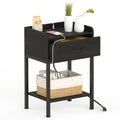 Black Nightstand with Charging Station, 2-Tier End Table with Drawer & Storage Shelf, Industrial Side Table for Bedroom, Living Room