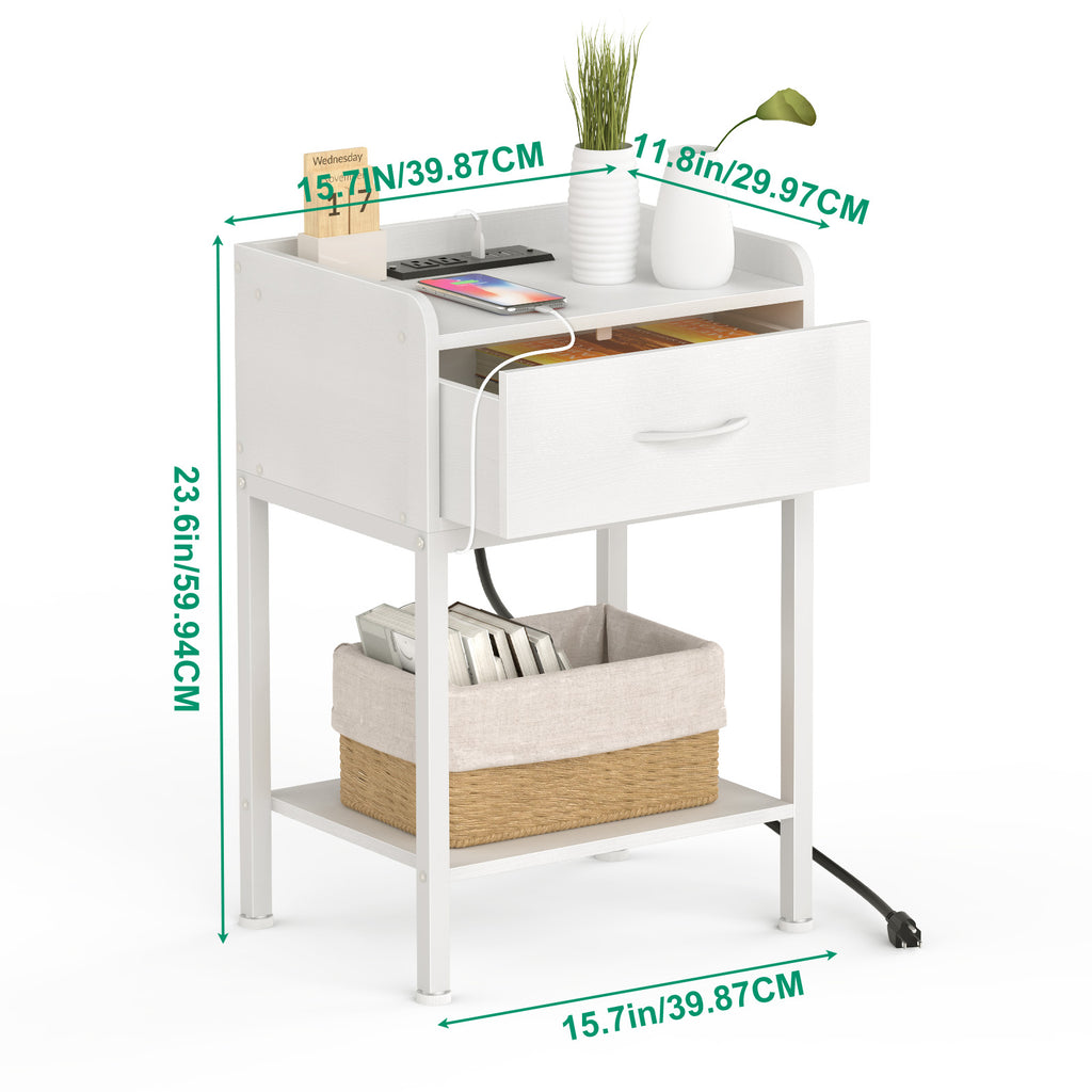 Nightstand with Charging Station - 2-Tier End Table with Drawer & USB Ports for Bedroom