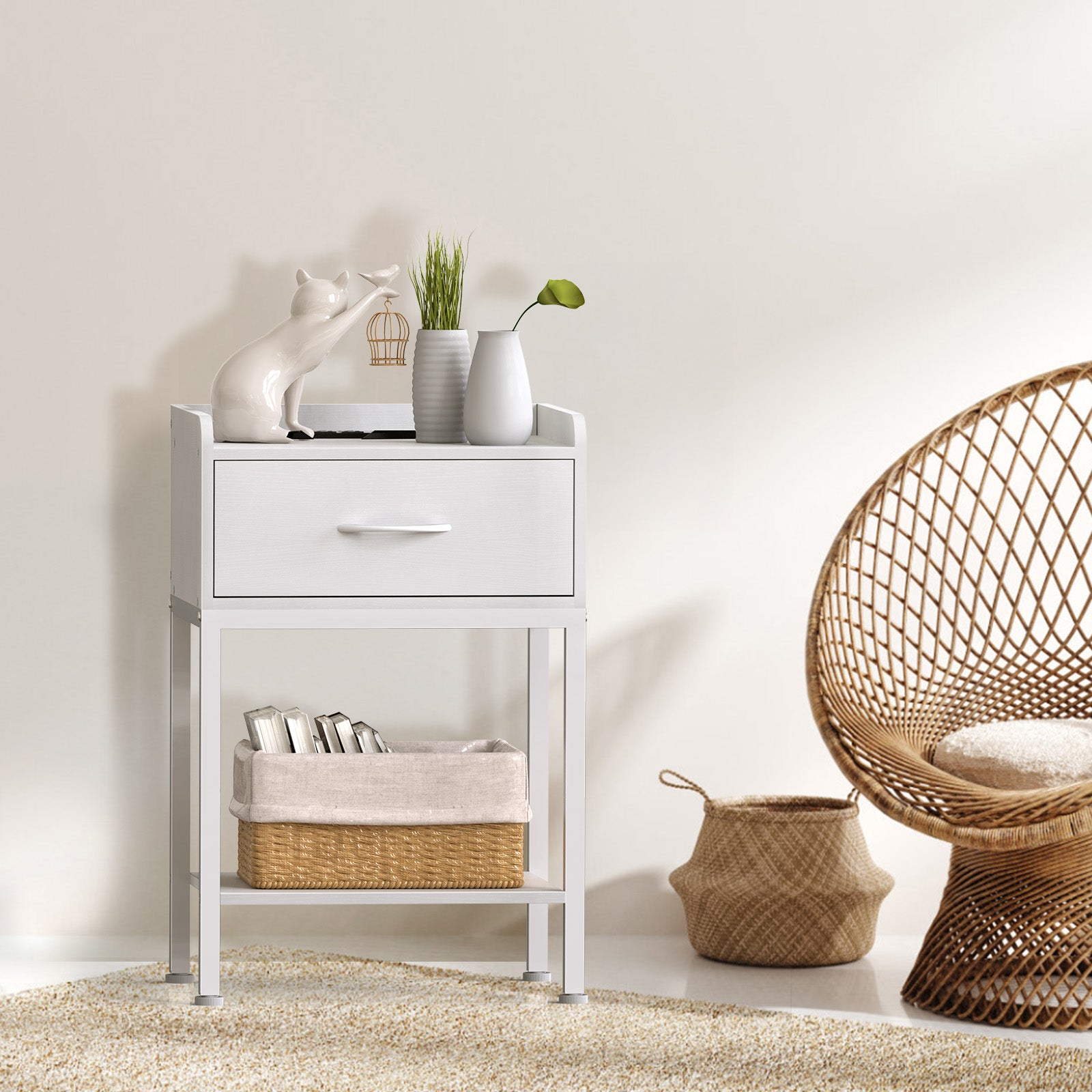 Nightstand with Charging Station - 2-Tier End Table with Drawer & USB Ports for Bedroom