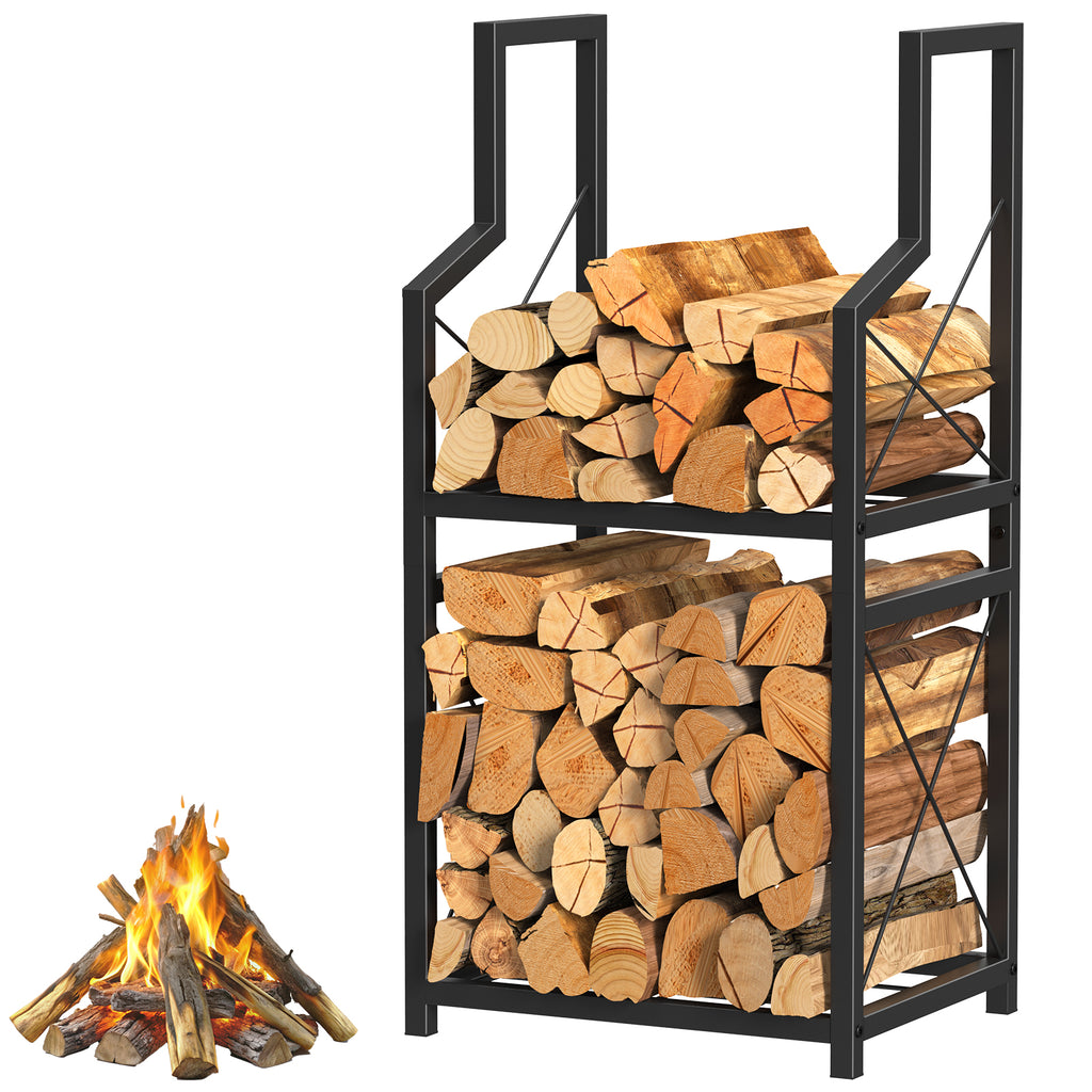 2-Tier Heavy Duty Firewood Rack for Indoor & Outdoor - Decorative Log Storage Stand for Fireplace, Fire Pit & Hearth, Black Metal Wood Holder