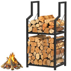 2-Tier Heavy Duty Firewood Rack for Indoor & Outdoor - Decorative Log Storage Stand for Fireplace, Fire Pit & Hearth, Black Metal Wood Holder