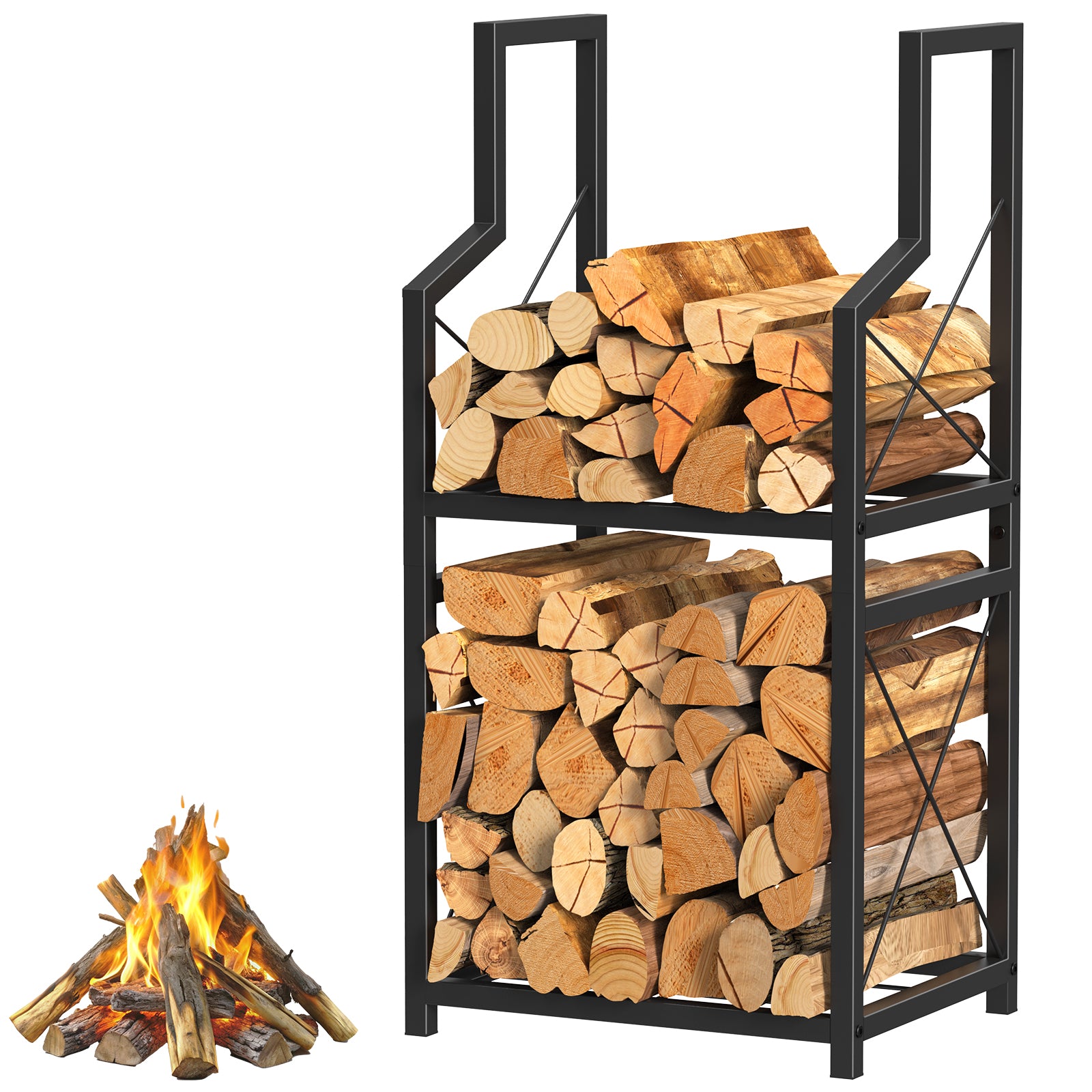 2-Tier Heavy Duty Firewood Rack for Indoor & Outdoor - Decorative Log Storage Stand for Fireplace, Fire Pit & Hearth, Black Metal Wood Holder