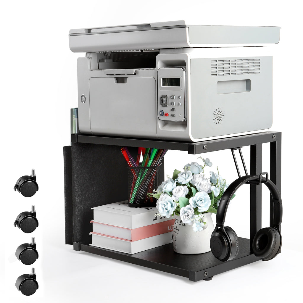 2-Tier Mobile Printer Stand with Storage - Under Desk Rolling Printer Cart with Wheels, Space-Saving Office Organizer for Scanners & Supplies