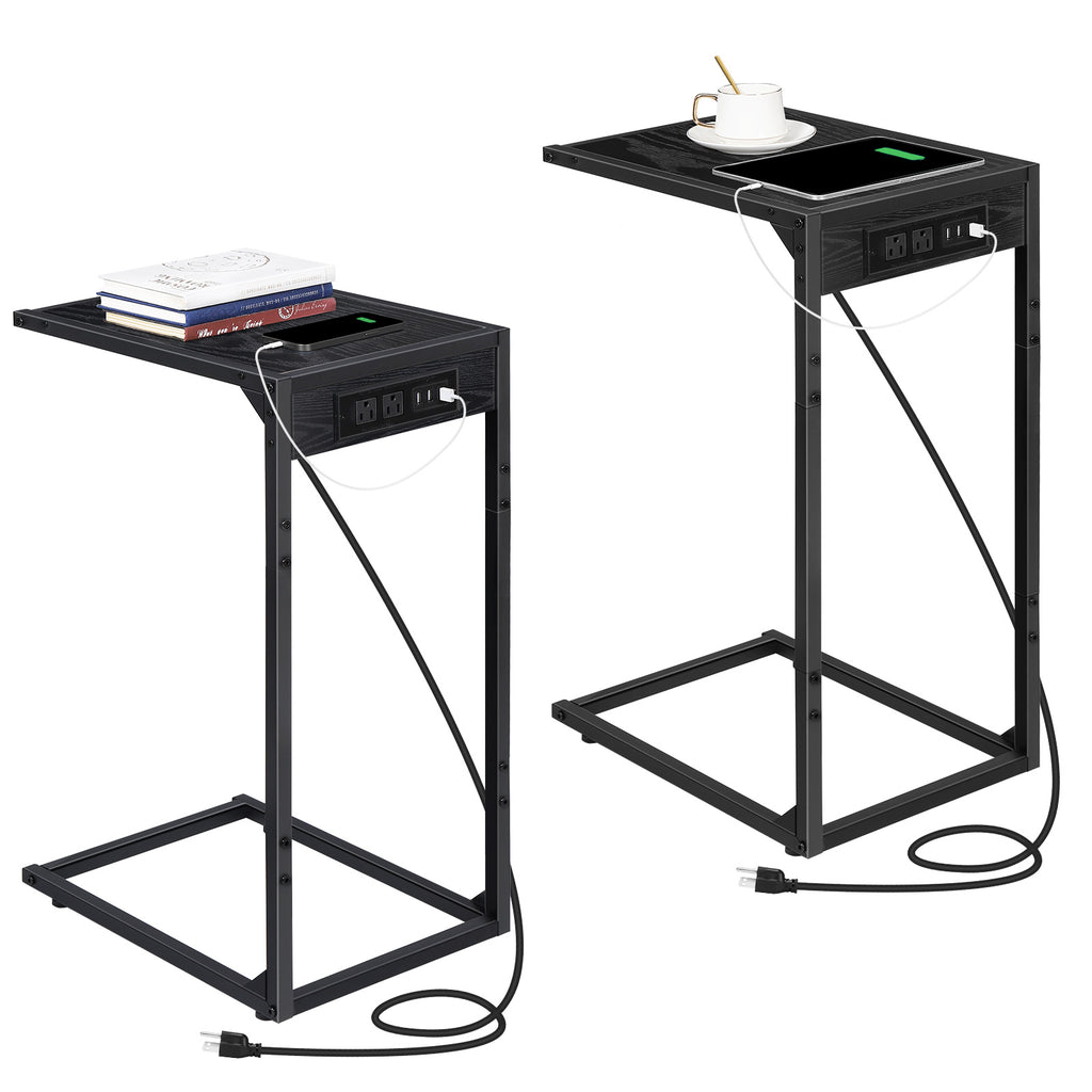 2-Pack C-Shaped Side Tables with Charging Station, USB & Power Outlet Sofa End Tables, Black