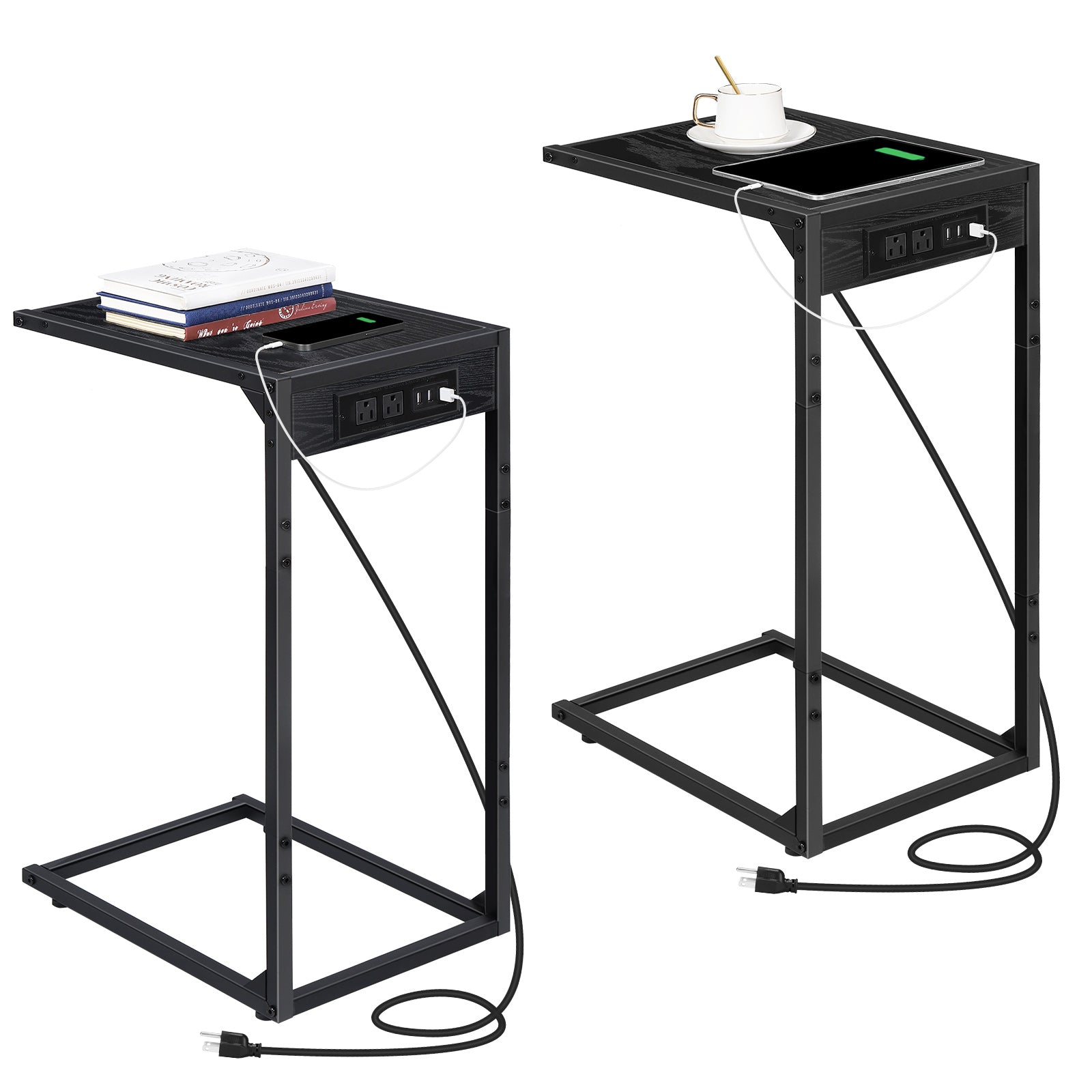 2-Pack C-Shaped Side Tables with Charging Station, USB & Power Outlet Sofa End Tables, Black