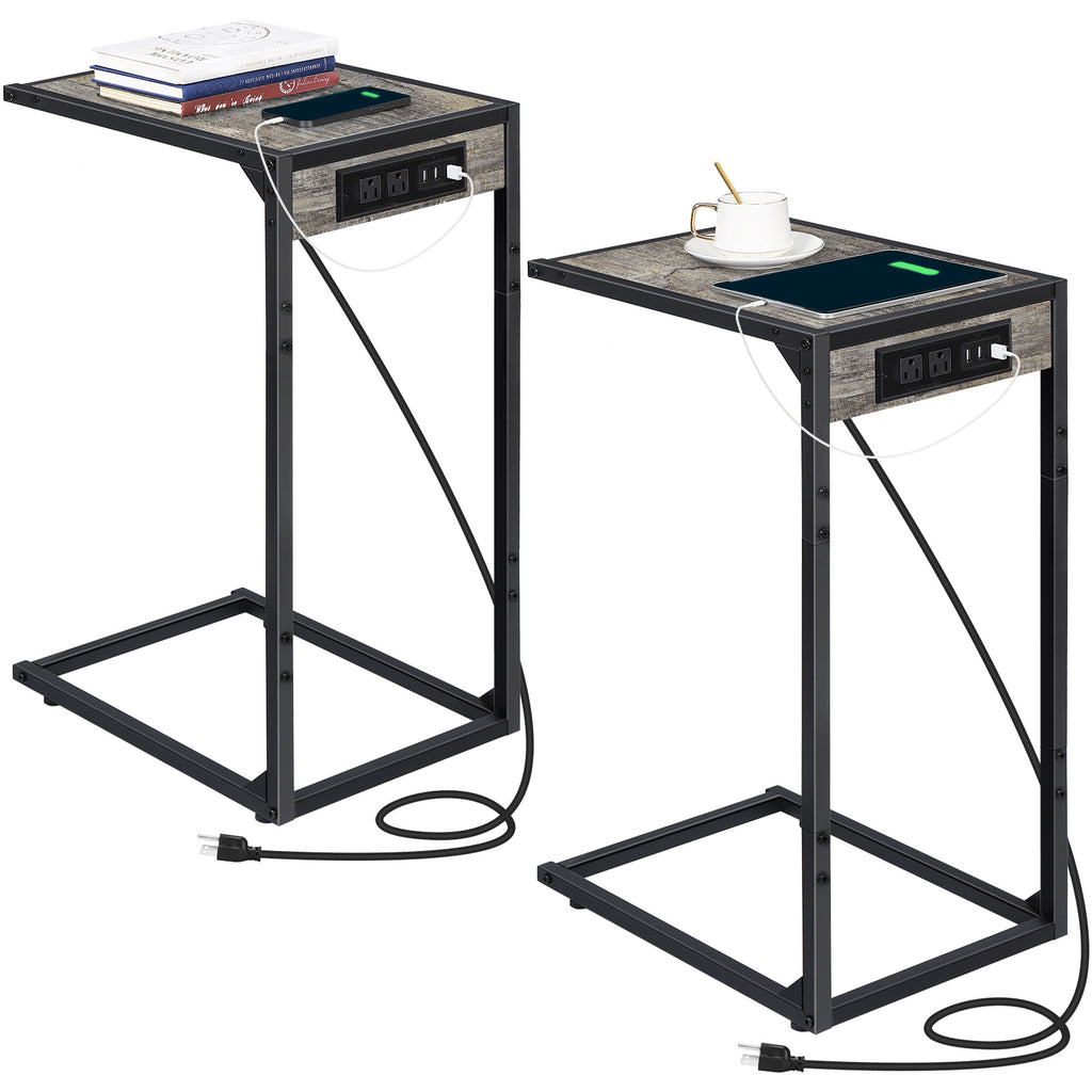 2-Pack C-Shaped Side Tables with Charging Station, USB & Power Outlet Sofa End Tables, Black