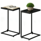 2-Pack C-Shaped Side Tables with Wood Textured Top - Slim Sofa End Tables for Small Spaces, Convenient Snack Tray for Living Room & Bedroom, Black