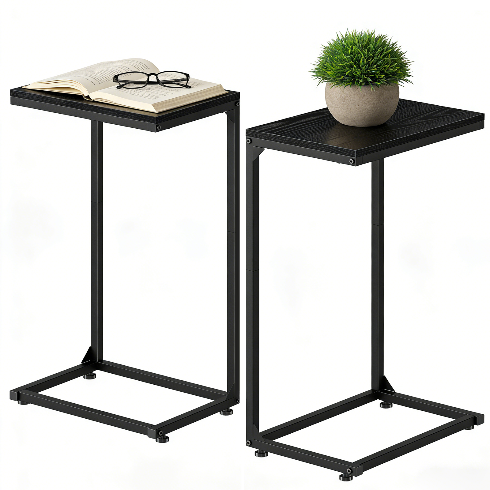 2-Pack C-Shaped Side Tables with Wood Textured Top - Slim Sofa End Tables for Small Spaces, Convenient Snack Tray for Living Room & Bedroom, Black