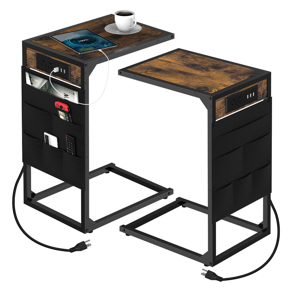 2-Pack C-Shaped Side Tables with Charging Station - Sofa End Tables with Outlets & USB Ports, Storage Pockets for Tablet & Remote, Black