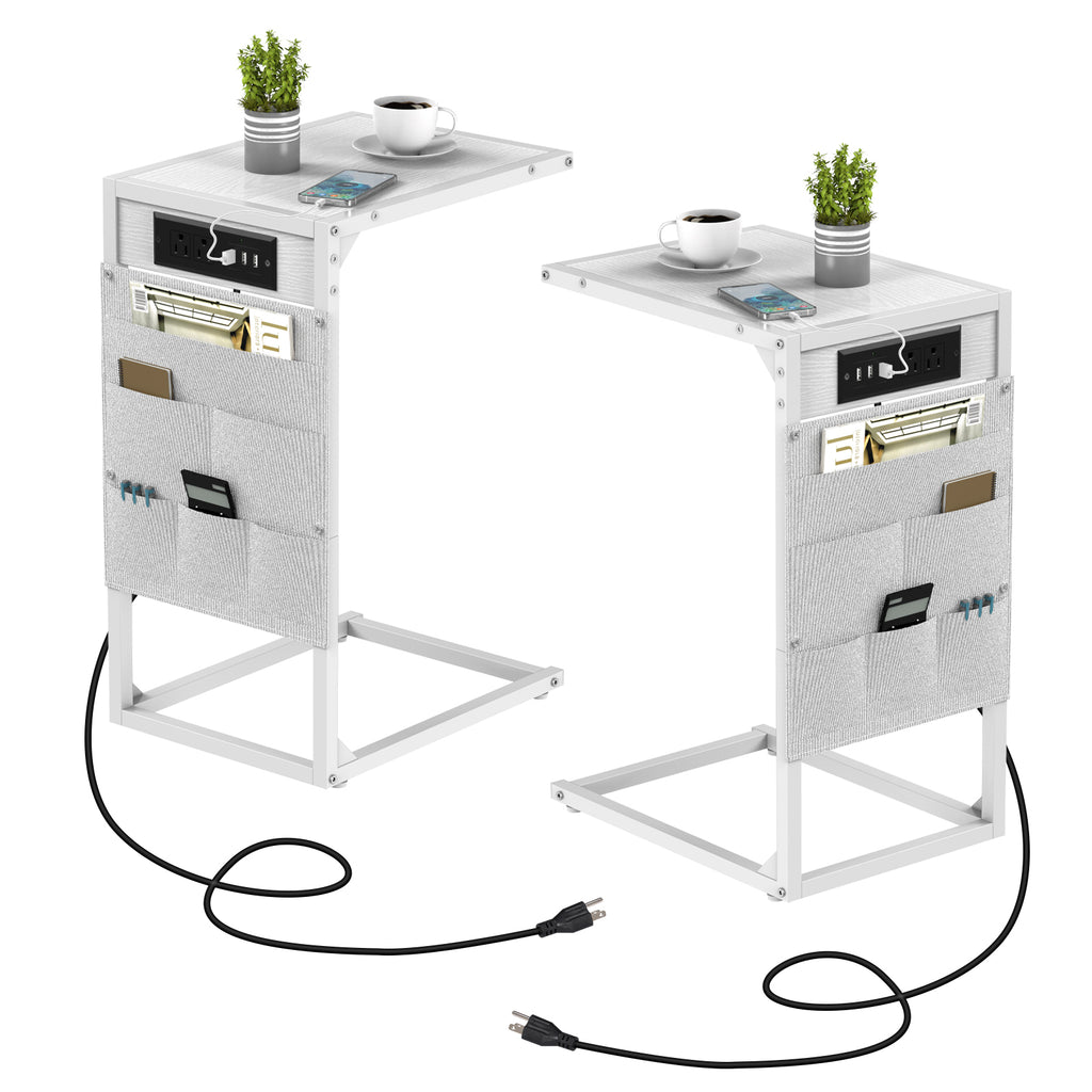 2-Pack C-Shaped Side Tables with Charging Station - Sofa End Tables with Outlets & USB Ports, Storage Pockets for Tablet & Remote, Black