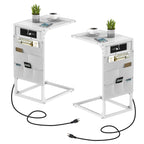 2-Pack C-Shaped Side Tables with Charging Station - Sofa End Tables with Outlets & USB Ports, Storage Pockets for Tablet & Remote, Black