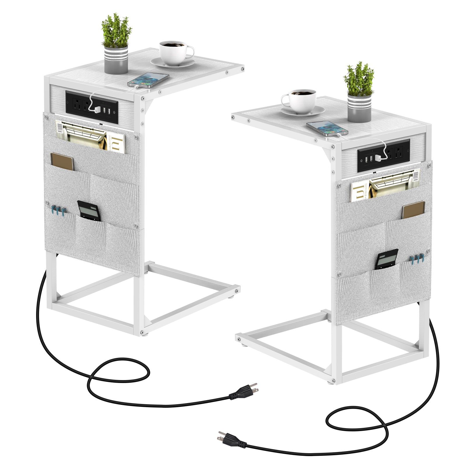 2-Pack C-Shaped Side Tables with Charging Station - Sofa End Tables with Outlets & USB Ports, Storage Pockets for Tablet & Remote, Black