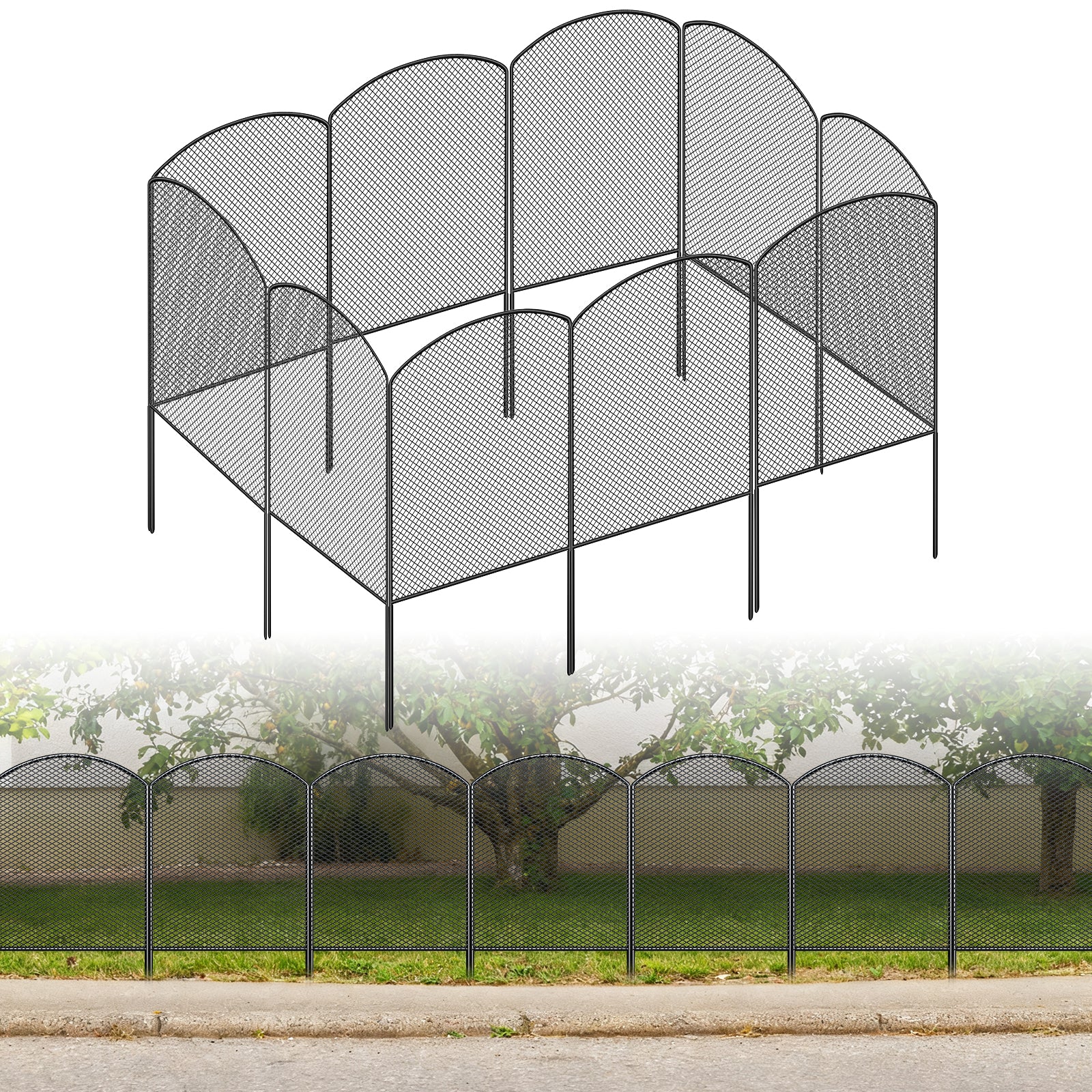 24" (H) x 10ft (L) Mesh Garden Fence & Animal Barrier - No-Dig Metal Wire Fencing for Rabbits & Dogs, Decorative Yard & Patio Border, Black