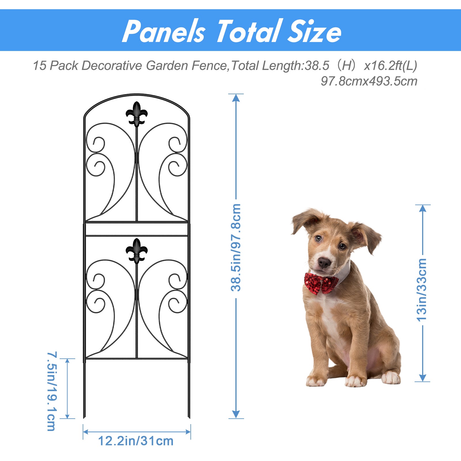 No-Dig Decorative Garden Fence with Gate - Fleur-de-Lis Rustproof Metal Border - Animal Barrier for Patio,