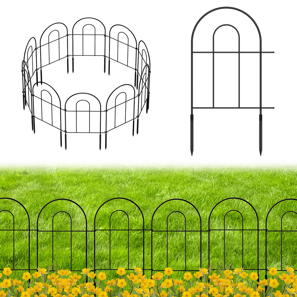 24.5" (H) x 10ft (L) Decorative Garden Fence - 10-Panel Rustproof Metal Border for Animals & Flower Beds, Easy No-Dig Install Yard Fencing, Black