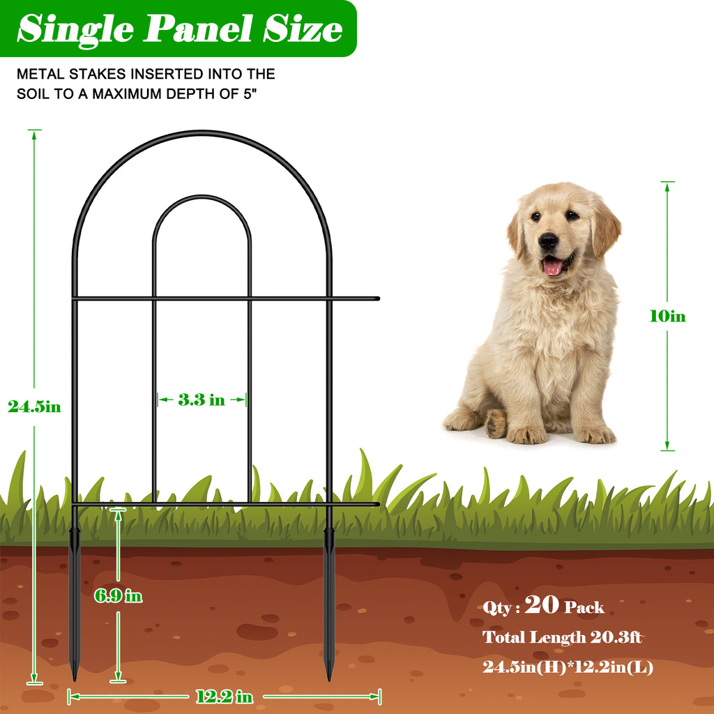 24.5" (H) x 10ft (L) Decorative Garden Fence - 10-Panel Rustproof Metal Border for Animals & Flower Beds, Easy No-Dig Install Yard Fencing, Black