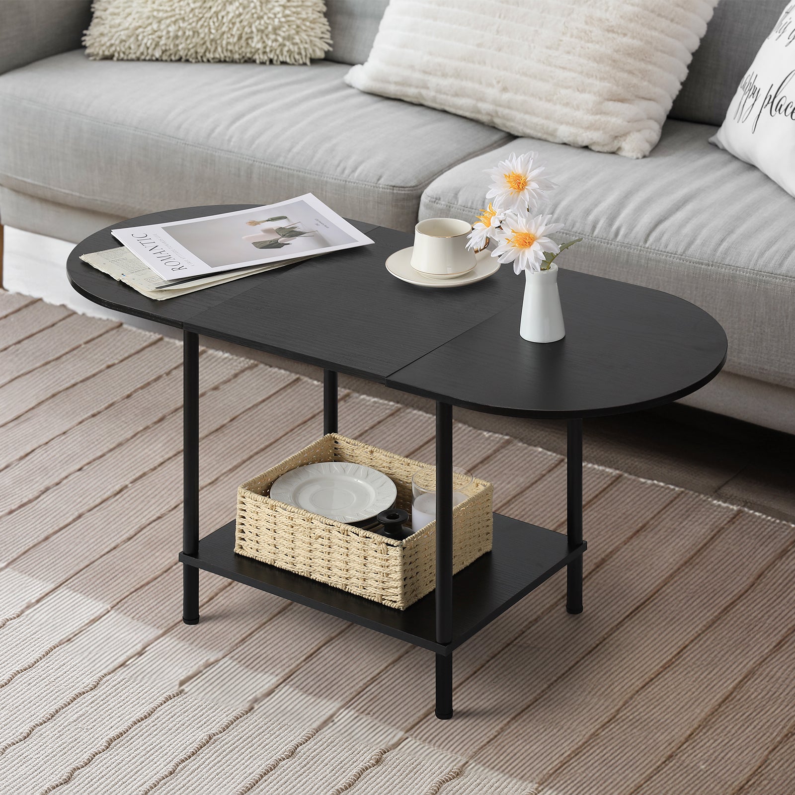 Industrial 2-Tier Coffee Table - Small Modern Cocktail Table with Storage Shelf for Living Room & Office