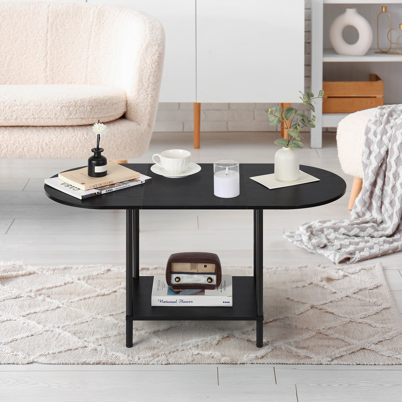 Industrial 2-Tier Coffee Table - Small Modern Cocktail Table with Storage Shelf for Living Room & Office