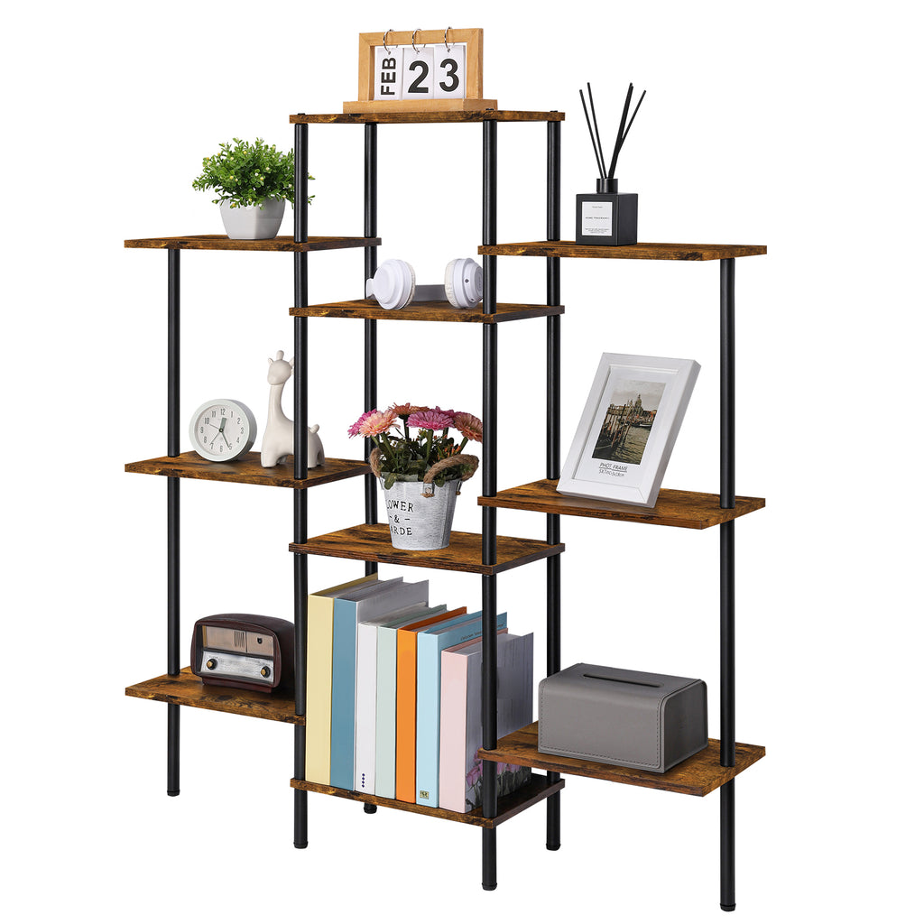 Triple-Wide 4-Tier Industrial Bookshelf - 10-Shelf Open Bookcase & Room Divider for Home Office, Rustic Brown,