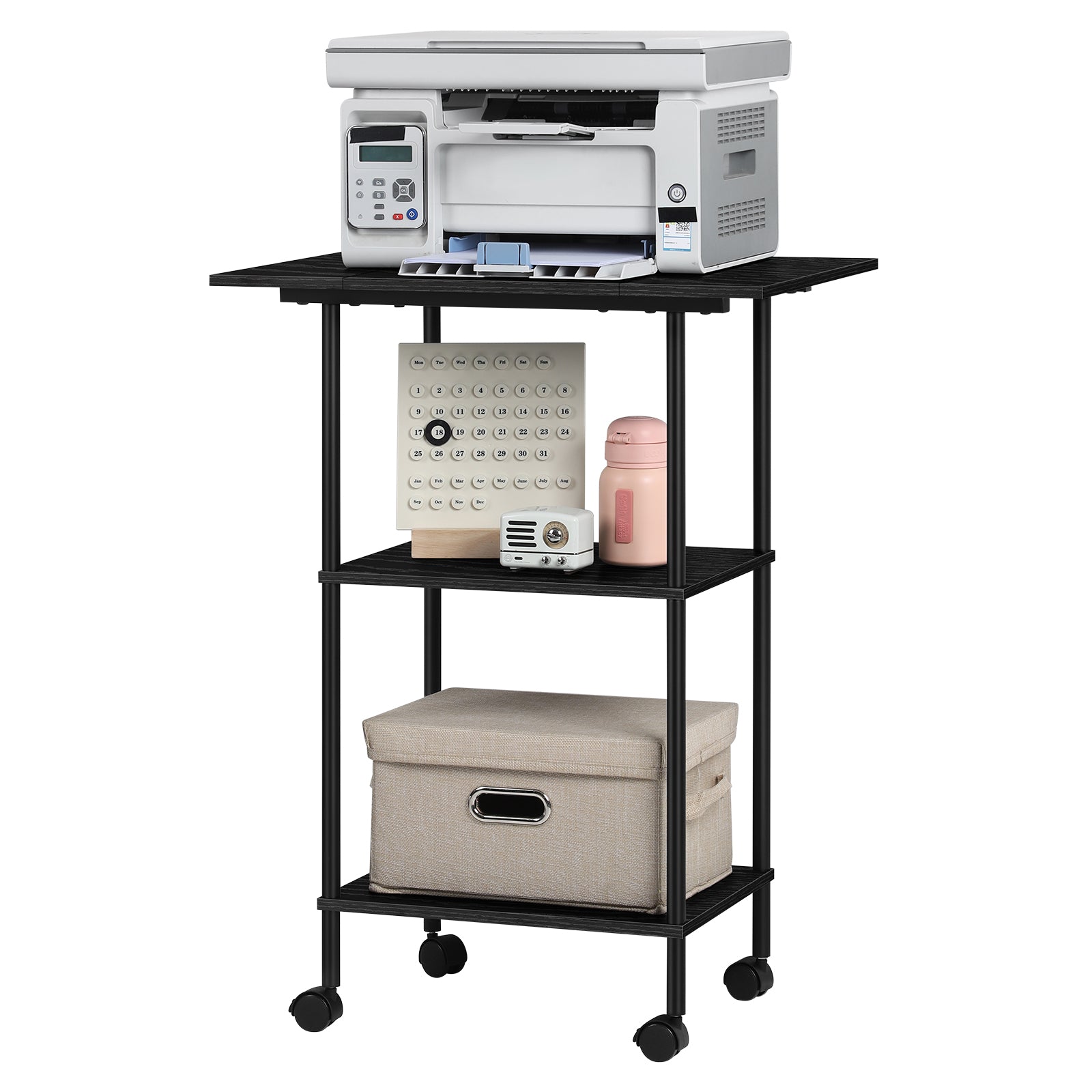 3-Tier Rolling Printer Stand with Storage - Mobile Under Desk Machine Cart for Home Office Supplies, Black,