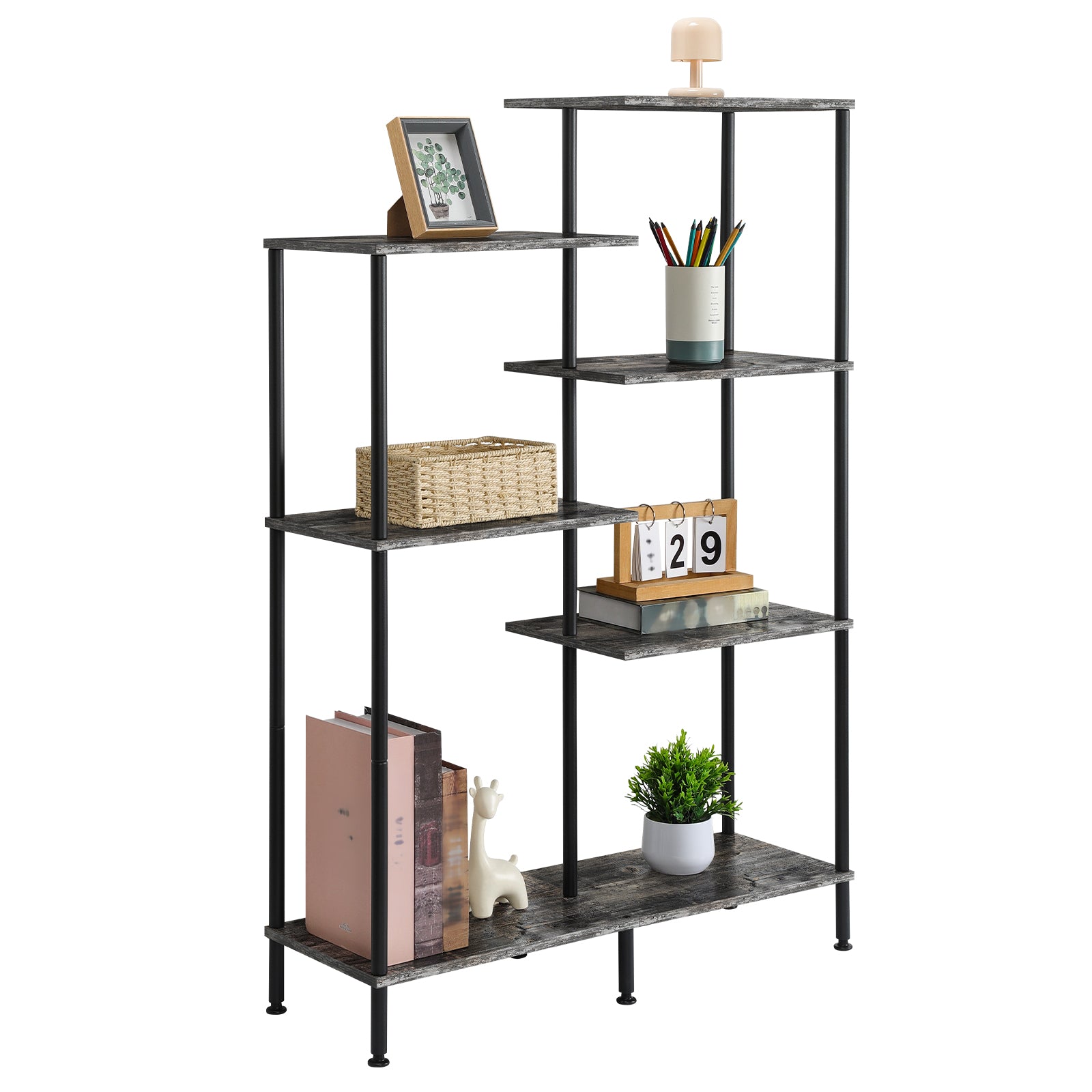 6-Tier Geometric Open Bookshelf - Farmhouse Floor Standing Display Rack & Storage Unit, Grey,