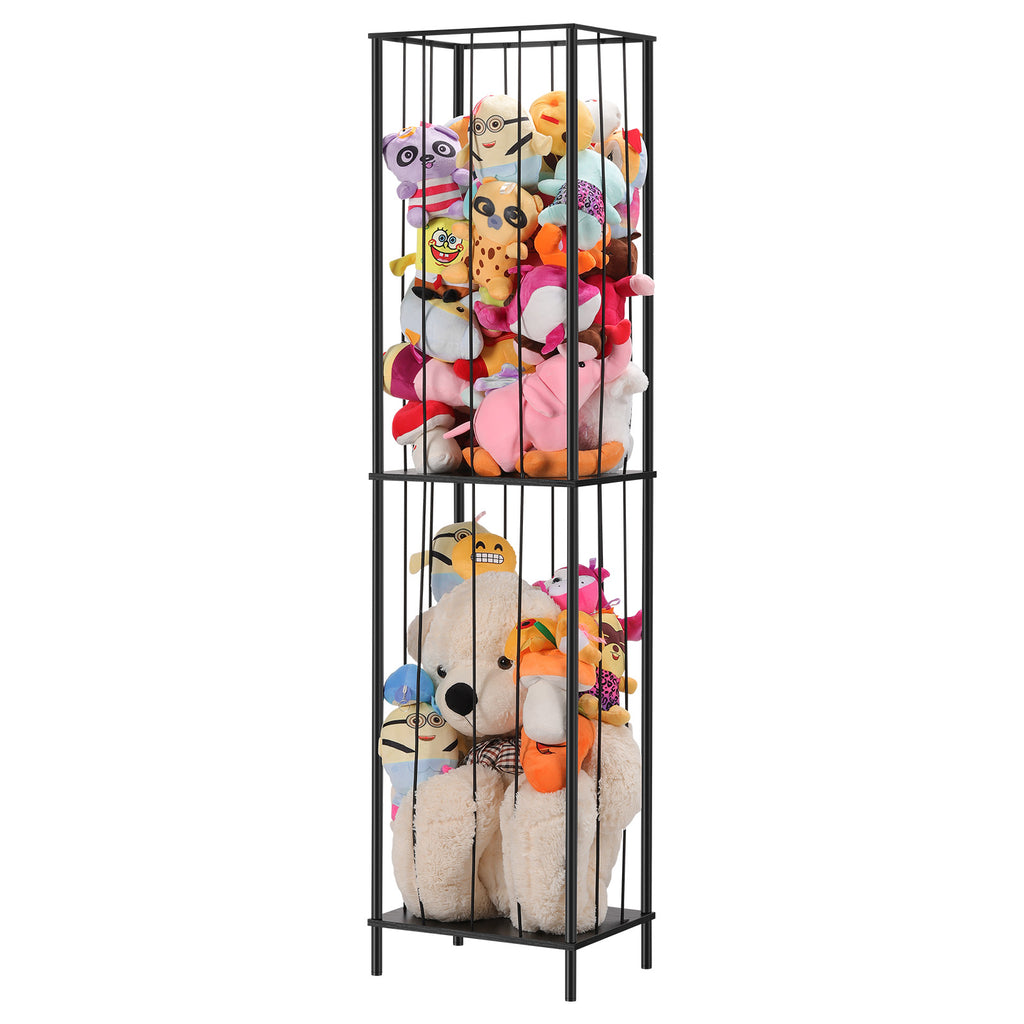 2-Tier Stuffed Animal Zoo Storage Cage - Tall Metal Plush Toy Organizer & Nursery Display, Black,
