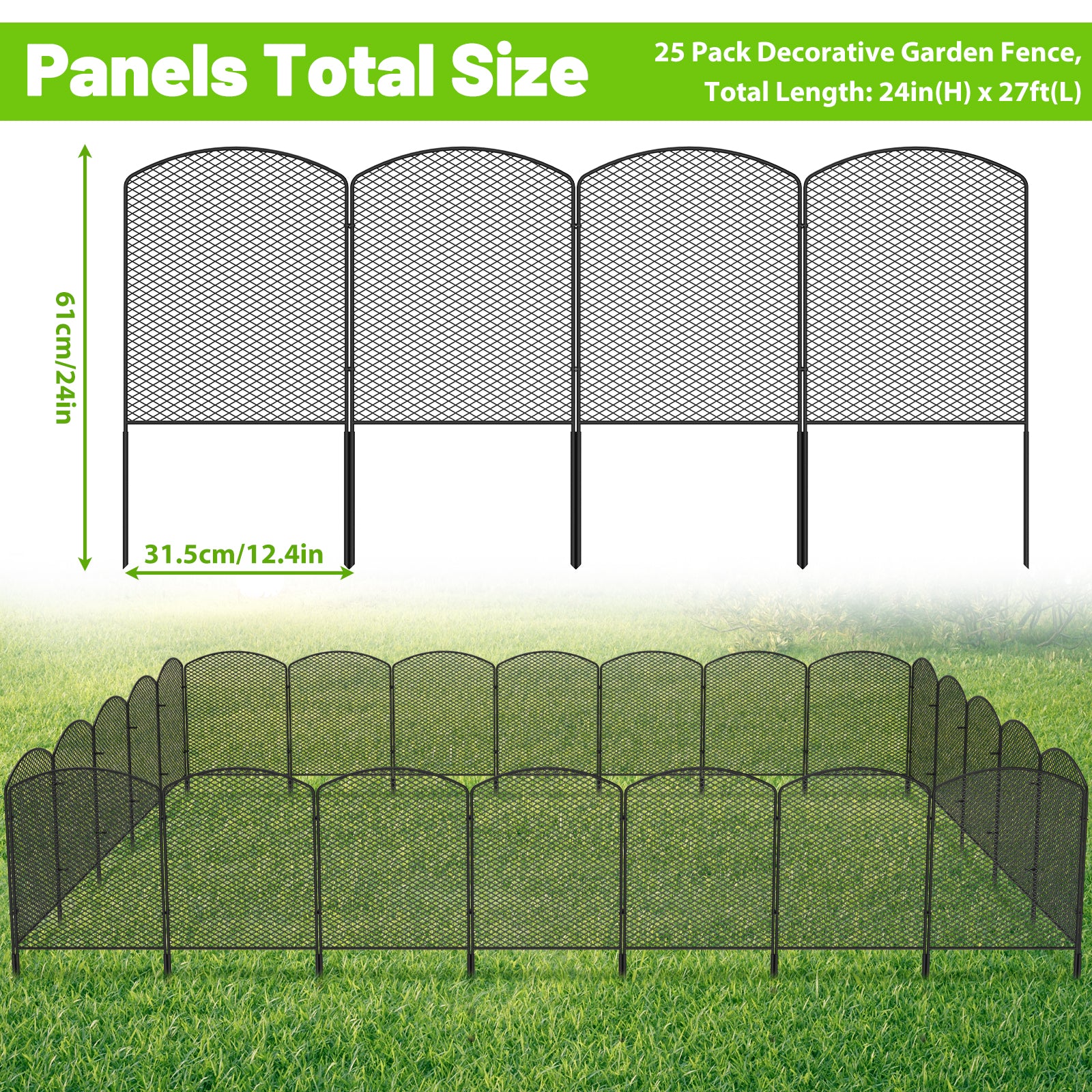 25 Pack Mesh Garden Barrier Fence - 24in H x 27ft L No-Dig Metal Wire Panels for Dog & Small Animal Deterrent
