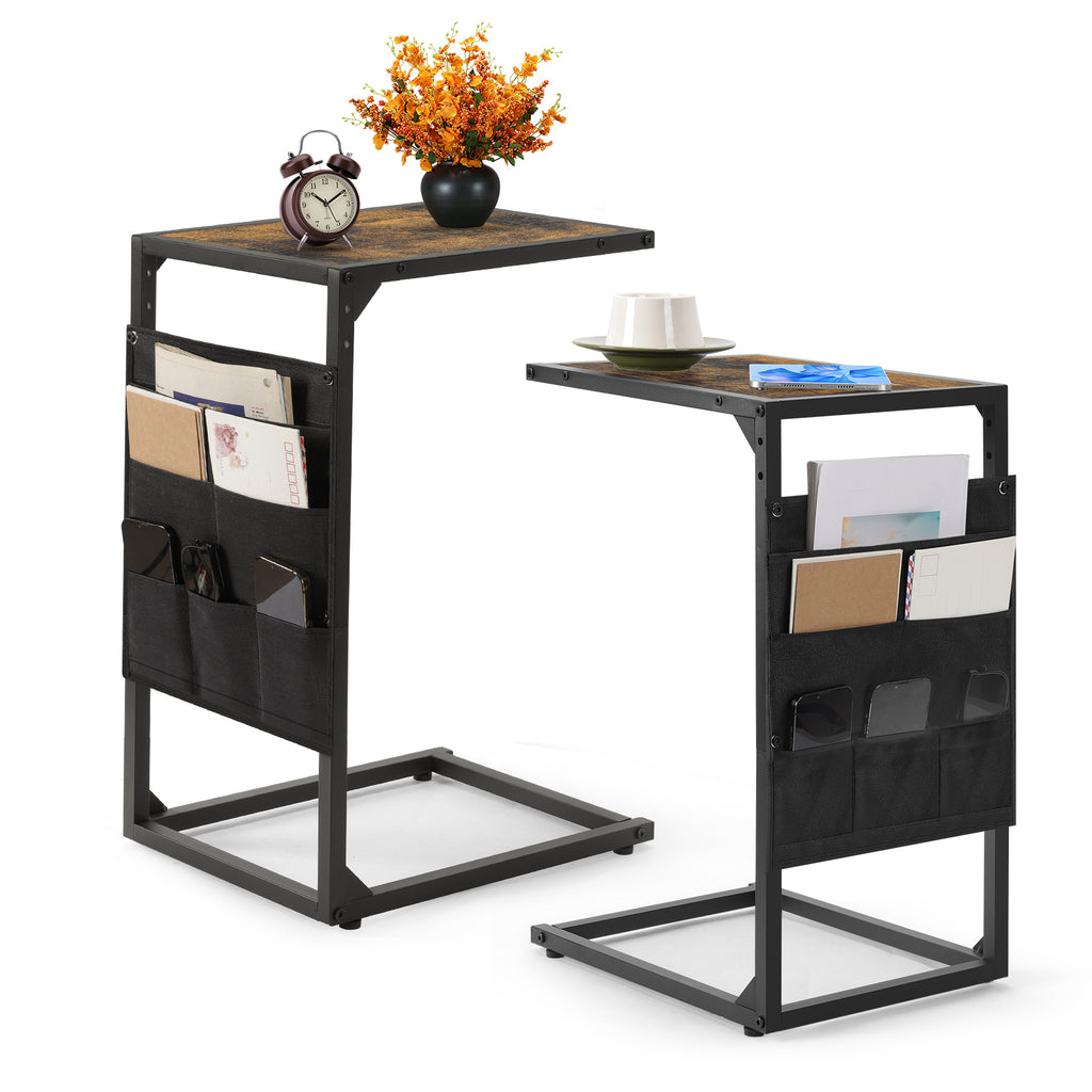 2-Pack Rustic C-Shaped Side Tables with Storage Bag - Slim Sofa End Tables for Living Room & Bedroom, Space-Saving Snack & Laptop Tray