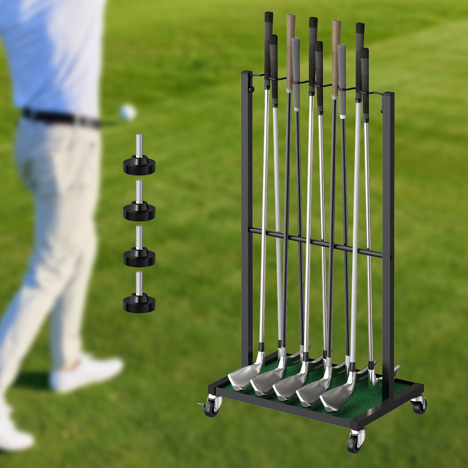 Professional Golf Club Display Stand - 10-Club Rolling Storage Rack for Garage & Indoor Use, Black,