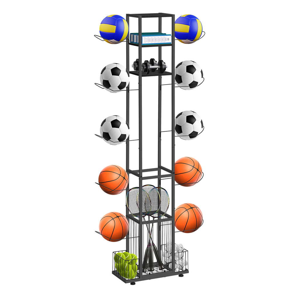 Tall Vertical Sports Ball Storage Rack - Space-Saving Garage Organizer for Basketballs, Soccer Balls & Bats,