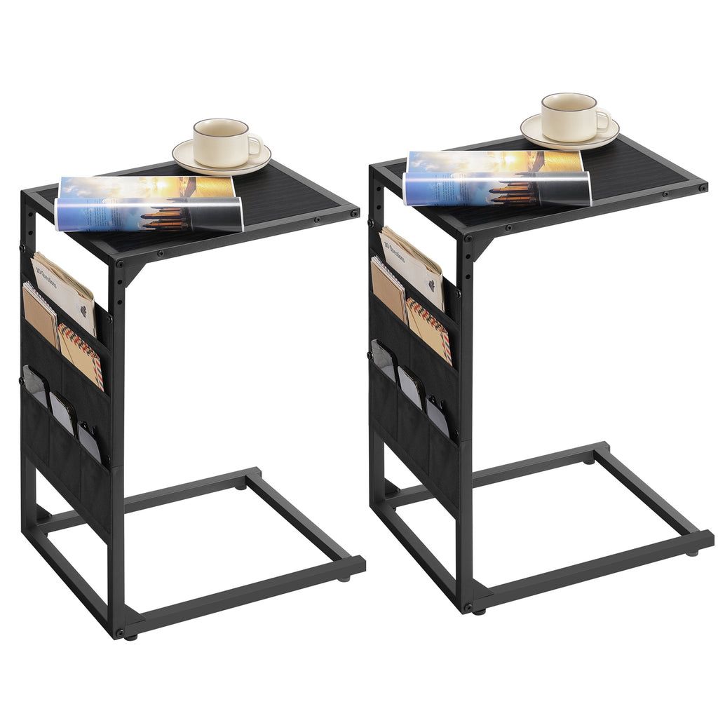 2-Pack Rustic C-Shaped Side Tables with Storage Bag - Slim Sofa End Tables for Living Room & Bedroom, Space-Saving Snack & Laptop Tray