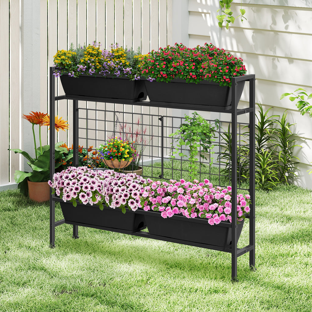 2-Tier Elevated Garden Planter with Trellis - Raised Flower Box with Climbing Plant Support, Gray,