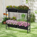2-Tier Elevated Garden Planter with Trellis - Raised Flower Box with Climbing Plant Support, Gray,