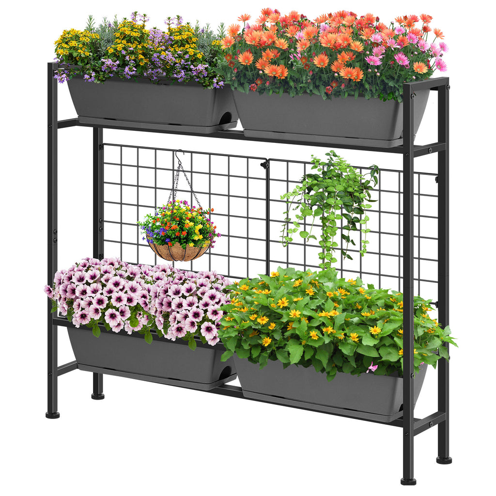 2-Tier Elevated Garden Planter with Trellis - Raised Flower Box with Climbing Plant Support, Gray,