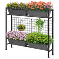 2-Tier Elevated Garden Planter with Trellis - Raised Flower Box with Climbing Plant Support, Gray,