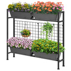 2-Tier Elevated Garden Planter with Trellis - Raised Flower Box with Climbing Plant Support, Gray,